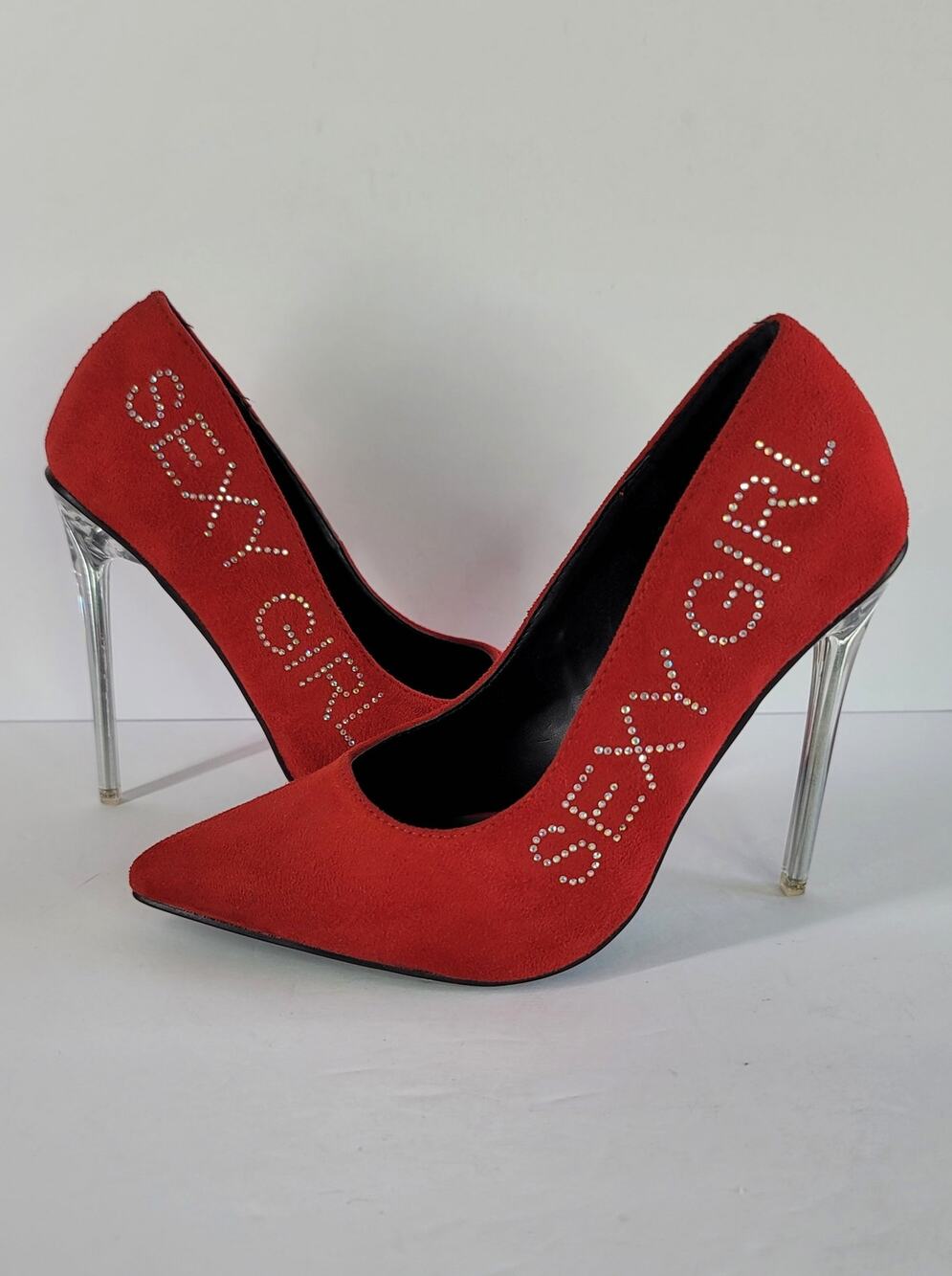 CATHY DIN Red Jeweled Sexy Girl Faux Suede Stiletto Heel Pumps Shoes Size 6